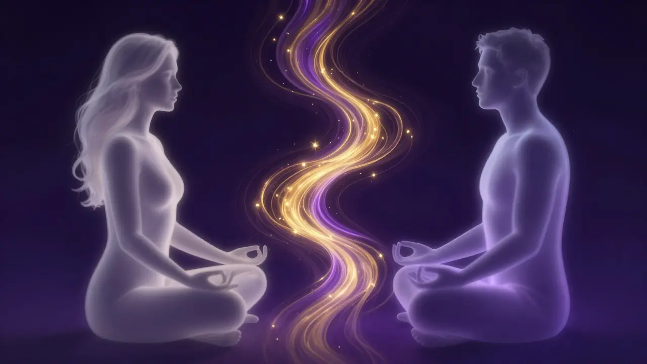 Konceptuální obraz duality mužské a ženské energie v podobě světelných proudů.