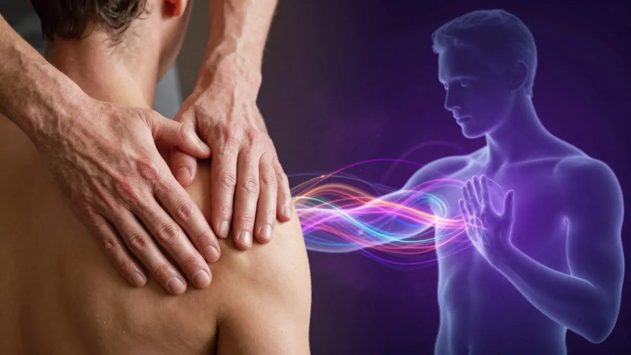 Konceptuální obraz znázornující přebírání emocí klienta během masáže.