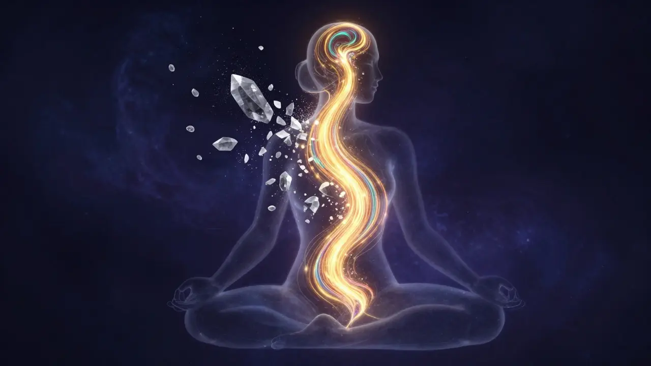 Konceptuální znázornění proudící zlaté energie Kundalini uvolňující emoční bloky v těle.