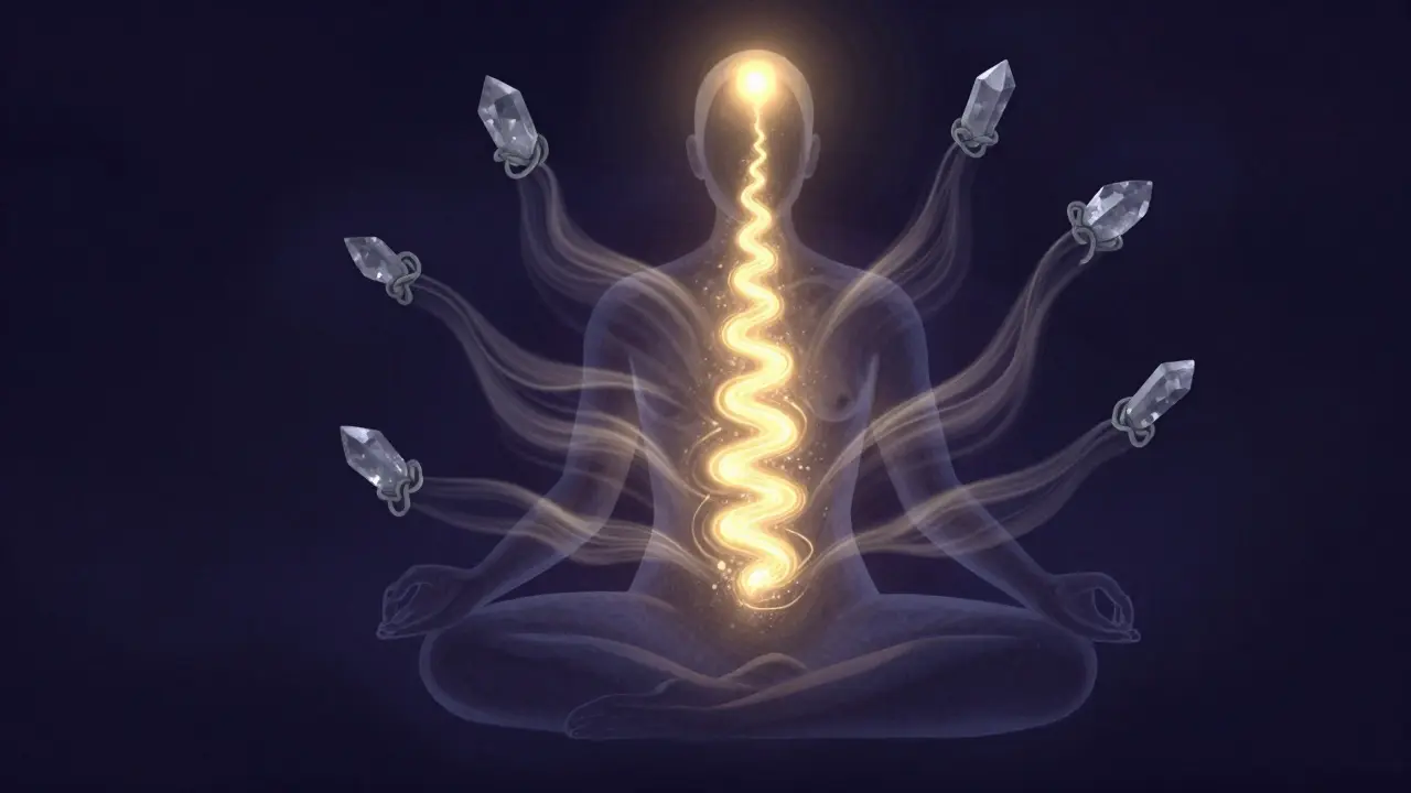 Konceptuální zobrazení energie Kundalini a uvolňování emočních bloků.