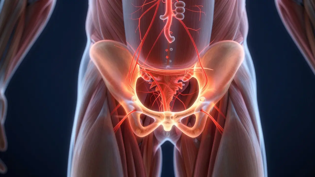 Konceptuální zobrazení zvýšeného prokrvení a uvolnění napětí v pánvi.