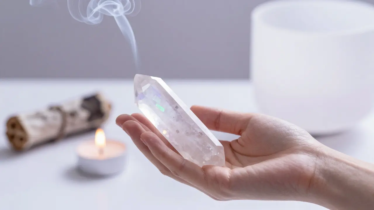 Krystalový yoni wand z křemene v meditativním prostoru s hořící svíčkou.