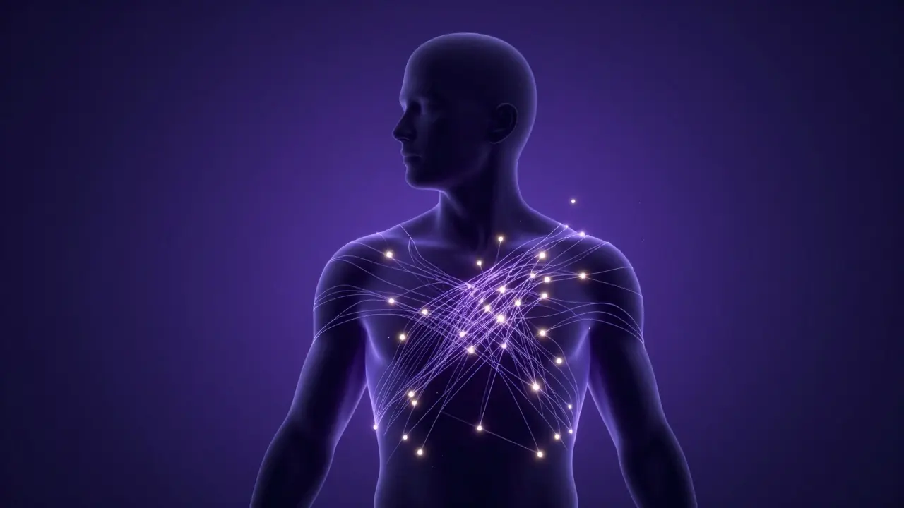 Silueta lidského těla s uvolňujícími se světelnými nitěmi energie.