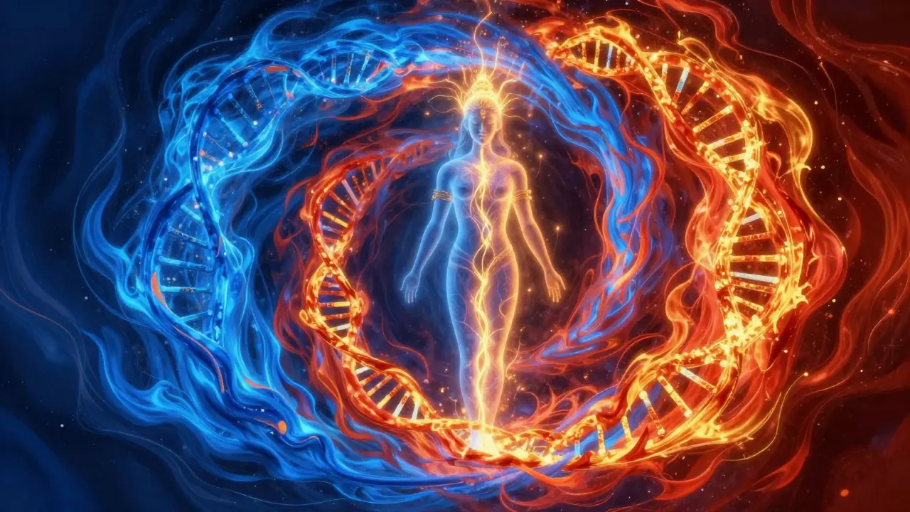 Spiralní proudy modré a červené energie obklopující lidskou siluetu.