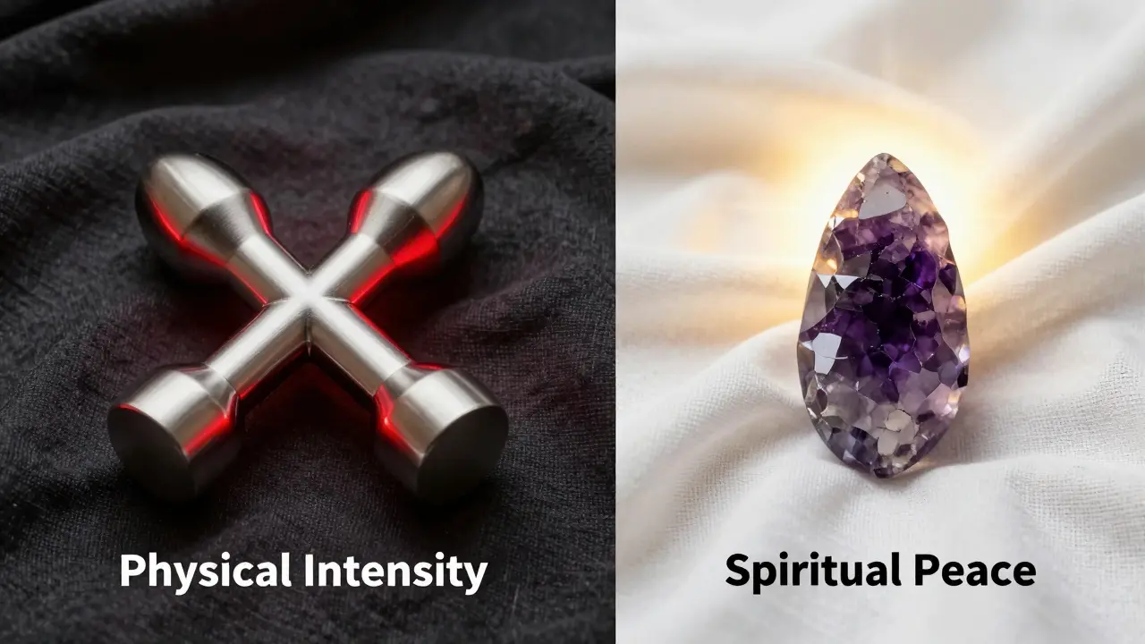 Srovnání nerezového oboustranného dilda a ametystového yoni wandu.