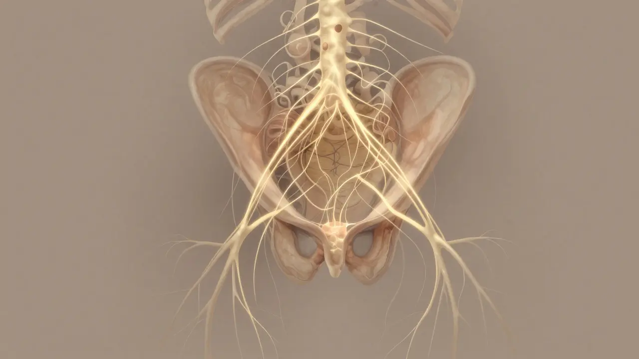 Abstraktní ilustrace nervových zakončení a vnitřní anatomie klitorisu zlatými linkami.
