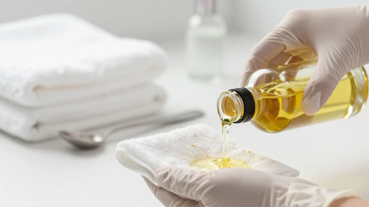 Hygienická příprava: nalévání oleje do čisté utěrky v čistém prostředí
