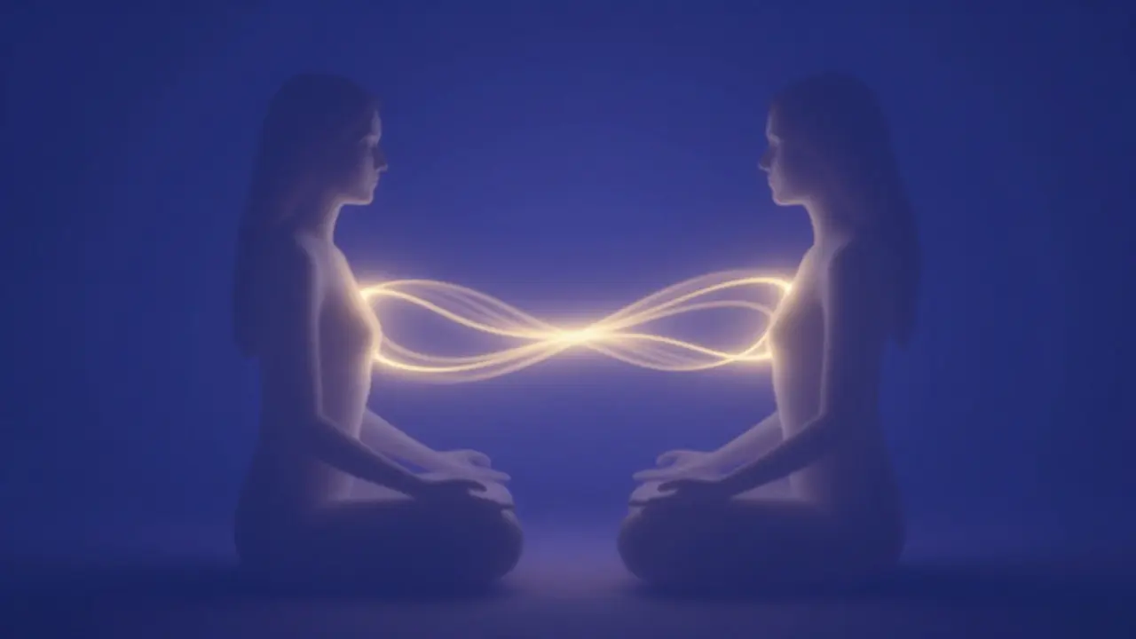 Abstraktní zobrazení energetického spojení dvou lidí v meditaci