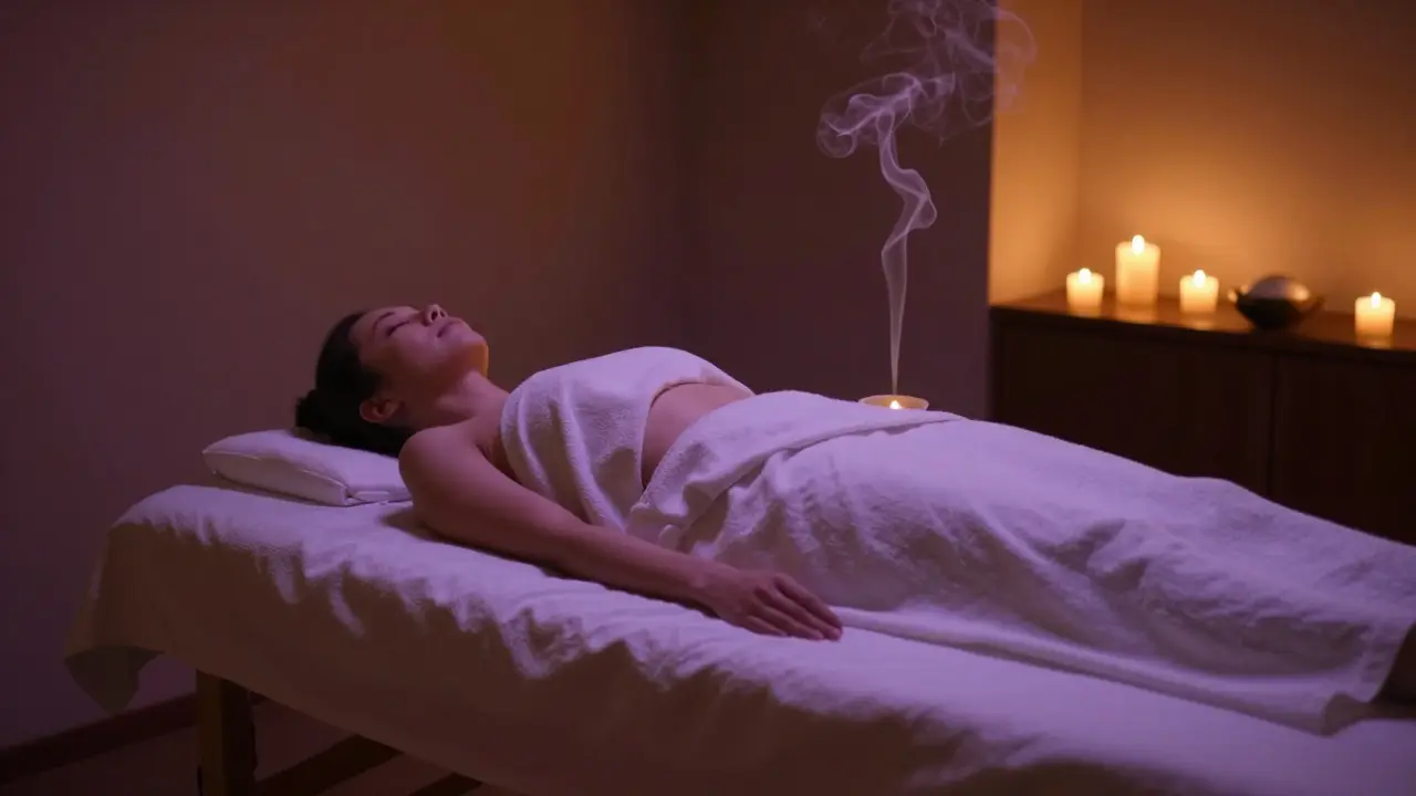 Atmosférický pohled na klidnou místnost pro tantrickou masáž s rozsvícenými svíčkami