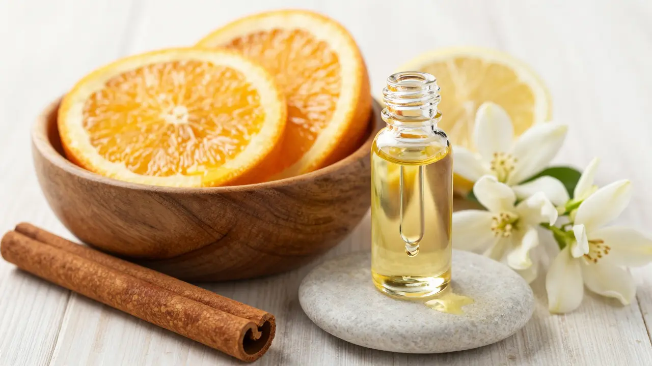 Ingredience jako citron, skořice a květy vedle lahvičky oleje