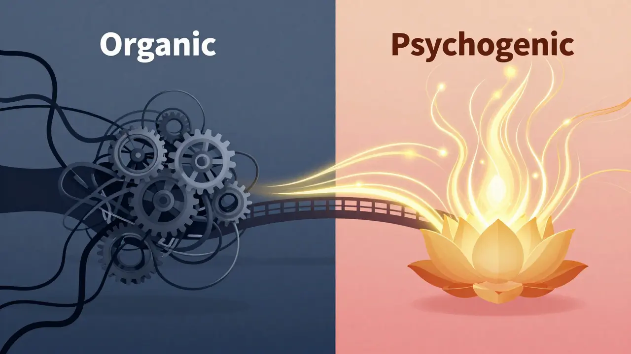 Konceptuální ilustrace rozdílu mezi psychogenní a organickou ED
