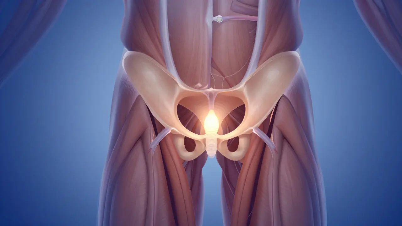 Abstraktní ilustrace pánvové anatomie s zvýrazněnou prostatou