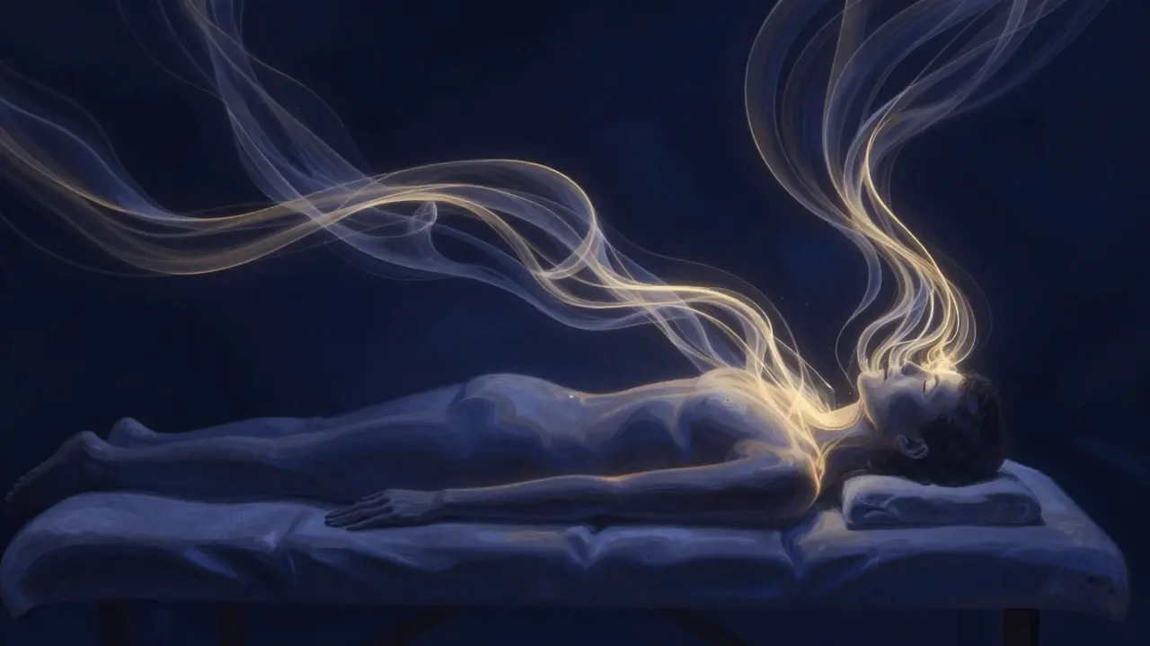 Abstraktní ilustrace uvolňování stresu z ramen a krku pomocí světelných pruhů