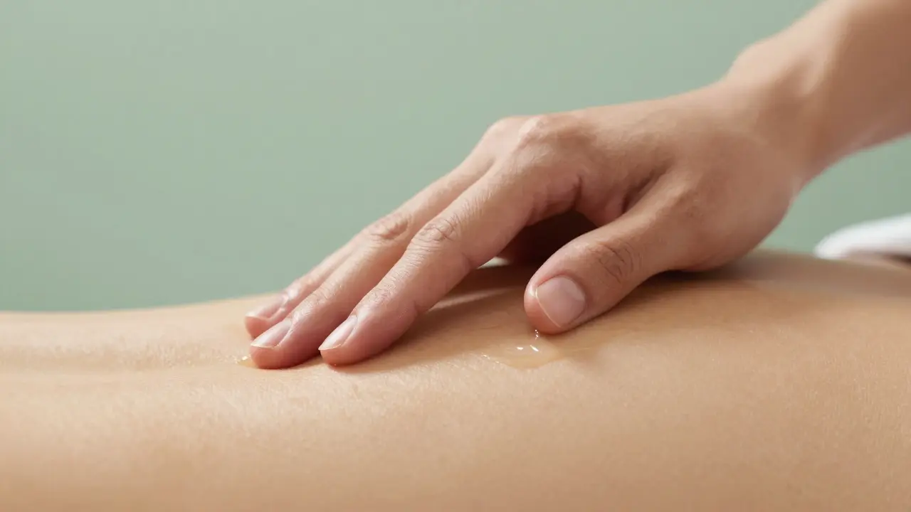Detail rukou provádějících jemnou terapeutickou masáž s olejem