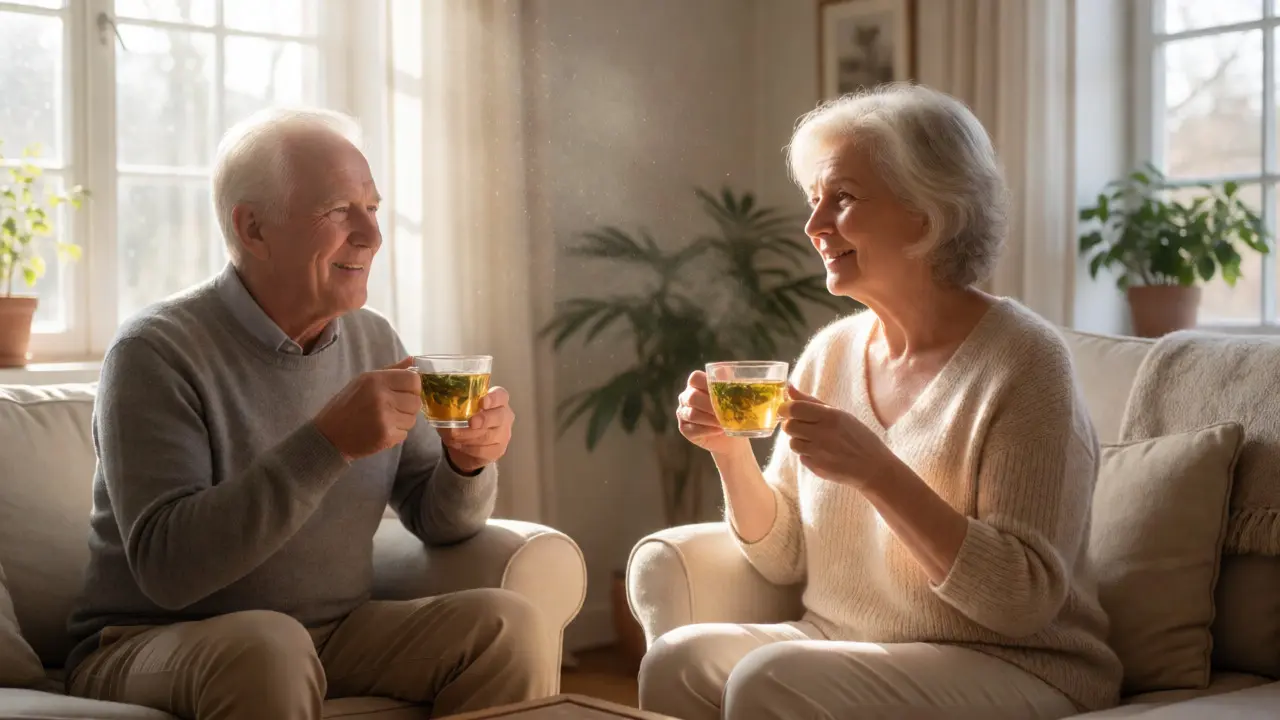 Happy senior couple enjoying tea together in a sunlit room after a massage.