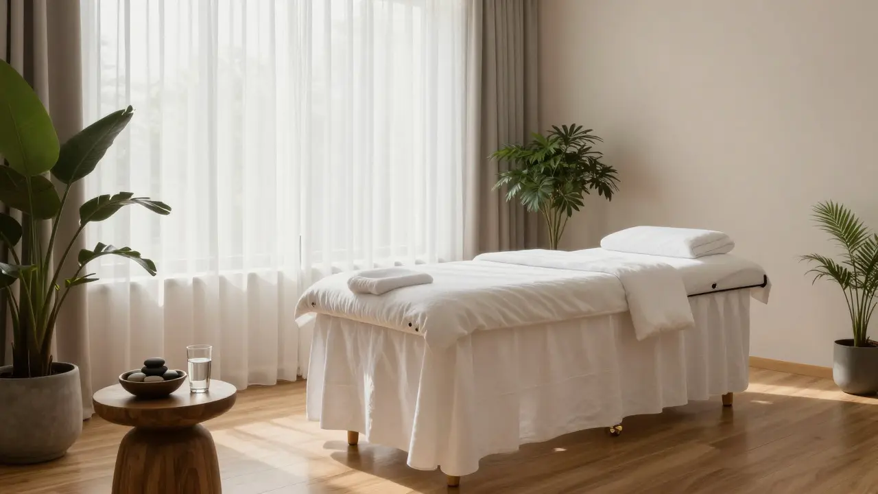 Minimalistický interiér wellness studia s masážním stolem a rostlinami