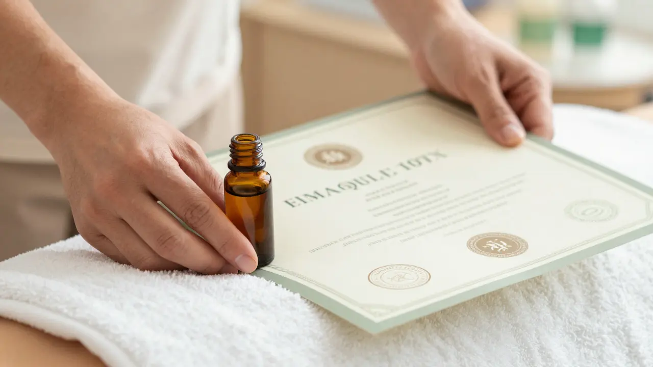 Ruce terapeuta s certifikátem a olejem, symbol kvalifikace