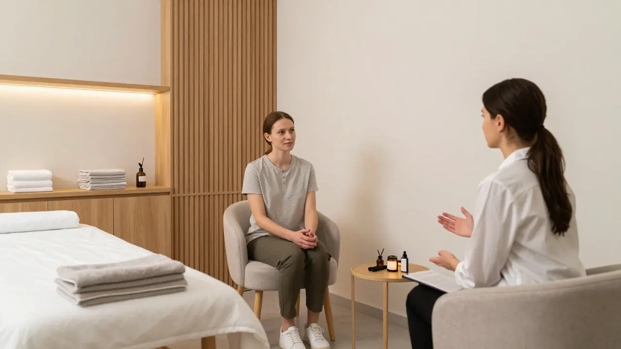 Soukromá konzultace mezi klientem a terapeutem v moderním wellness centru