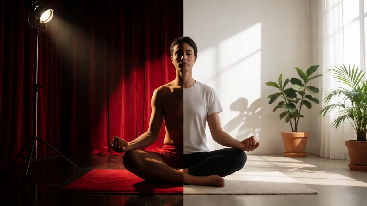 Split view comparing erotic salon and serene tantric sanctuary