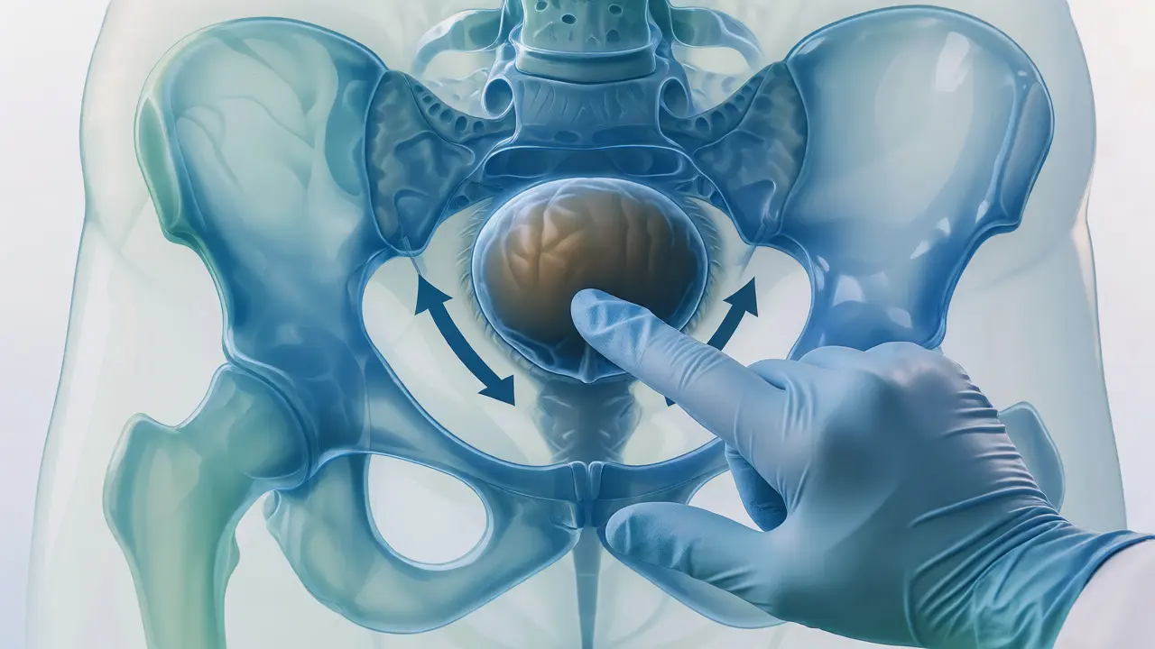 Anatomická ilustrace správné techniky masáže prostaty