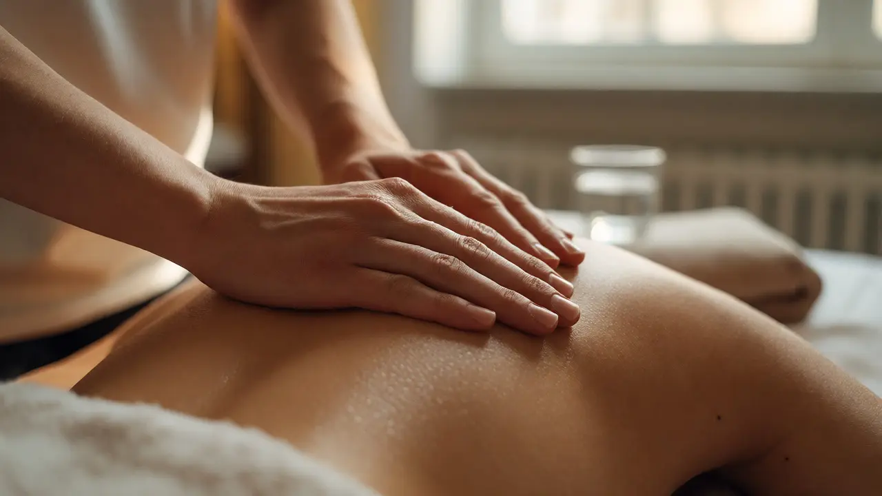 Detail rukou terapeuta při jemné terapeutické masáži zad v profesionálním prostředí.