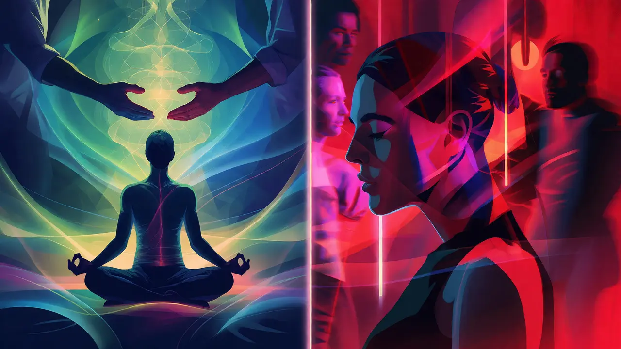Konceptuální ilustrace rozdělující meditativní tantrickou praxi od chaotické komerční erotiky.