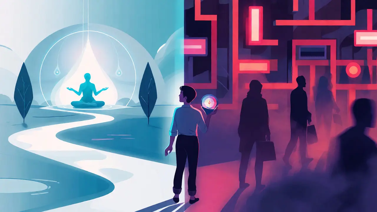 Konceptuální ilustrace rozcestí mezi autentickou terapií a klamavou reklamou.