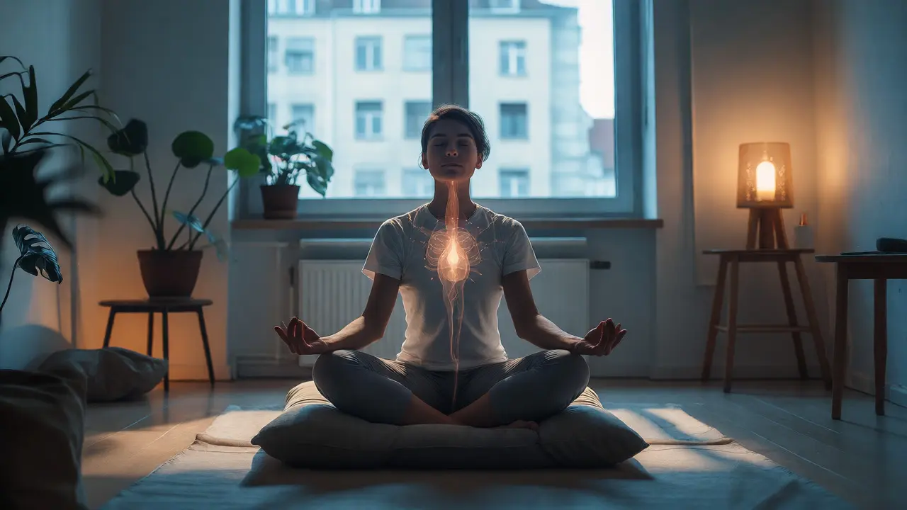 Osoba v meditativním posezu po masáži, vyzařující klid a rovnováhu